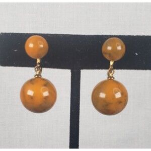 Vtg 1930's Round Marble Butterscotch Bakelite Beaded Dangle Screw Back Earrings
